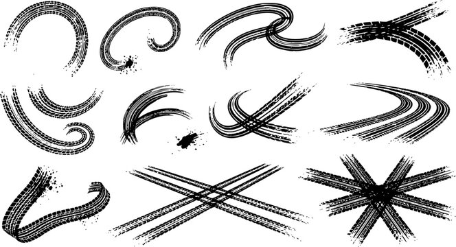 Tire tread marks after skidding, launch, drift, powerslide in motorsport, rally, off-road, motocross. Wheel texture with splash effect. Vector, transparent EPS version.