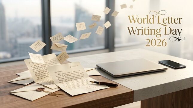World Letter Writing Day 2026 Handwritten letters floating above laptop on wooden desk