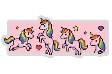 Fototapeta premium Unicorns with hearts and stars on pink