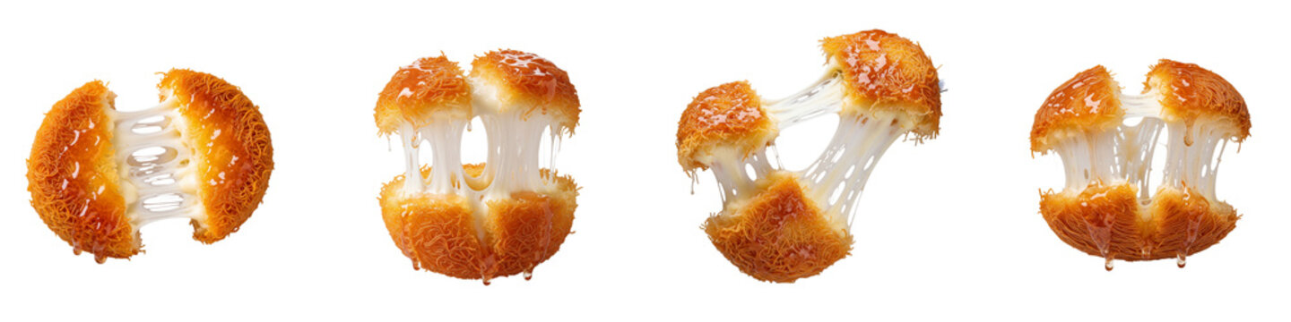 Four pieces of fried kunafa with melted stretchy cheese on black background