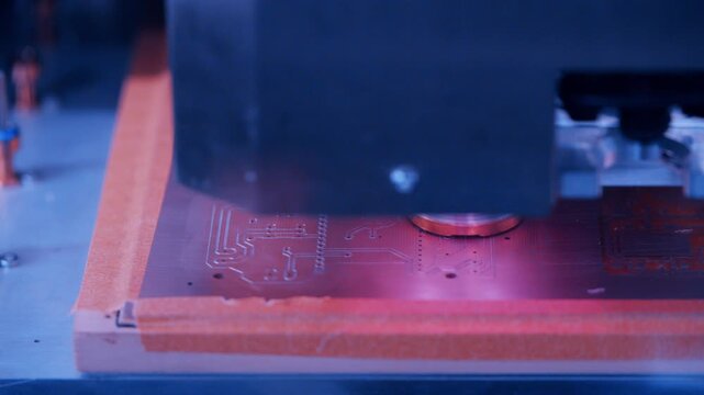 Extreme close up of an automated CNC routing machine carving intricate copper traces onto a printed circuit board during manufacturing.