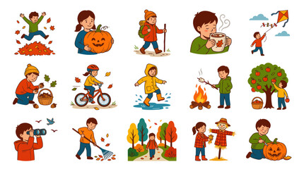 Fototapeta premium Autumn Activities for Kids: Children Enjoying Fall Season Fun - Flat Vector Art