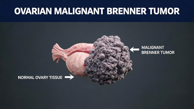 3D Medical Anatomical Illustration of Ovarian Malignant Brenner Tumor, Contrast Healthy Pink Ovary Tissue and Large Lobulated Grey Malignant Neoplasm, Dual White Arrow Label Annotations Dark Navy Clin