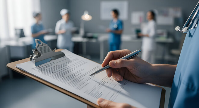 Medical professional records paperwork in the hospital