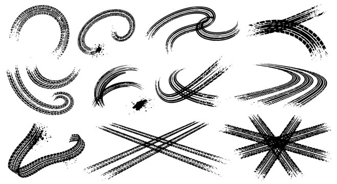 Tire tread marks after skidding, launch, drift, powerslide in motorsport, rally, off-road, motocross. Wheel texture with splash effect. Vector, transparent SVG version.