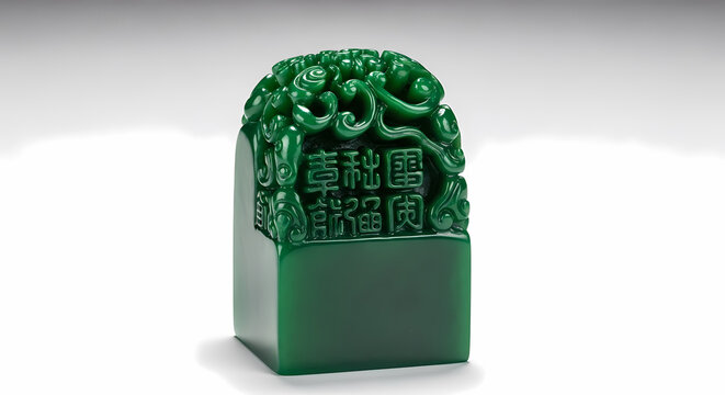 Ornate Green Jade Seal with Intricate Carvings and Chinese Characters