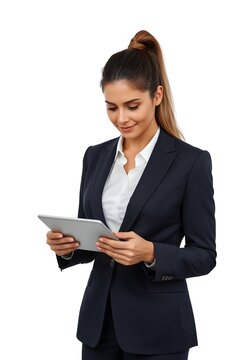 Professional woman in blazer using a tablet against a white background