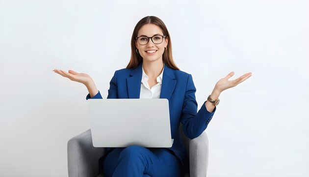 Professional woman in blue suit sitting in armchair with laptop and presenting gesture