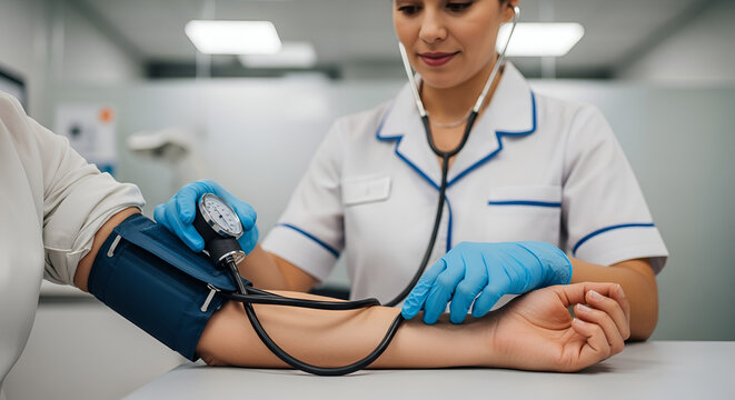 Medical professional taking blood pressure of a patient in a clinic setting
