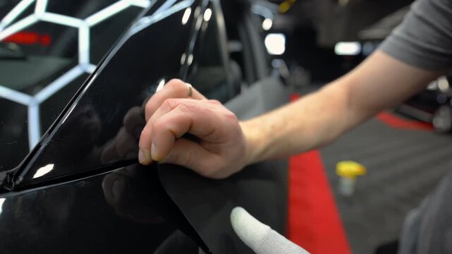 Close up shoot of a instal vinyl wrap on a car body in a workshop. detailing process with film installation, finish and precision work