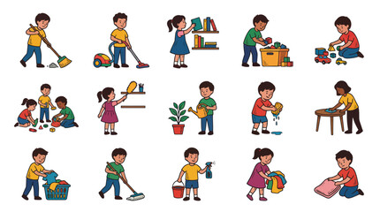 Fototapeta premium Flat Vector Illustration Set of Children Learning Home Chores, Household Tasks, and Responsibilities