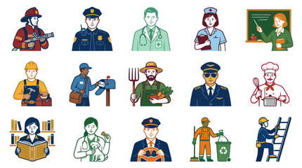 Fototapeta premium Diverse Professional People Avatars Set - Flat Line Art Vector Illustrations