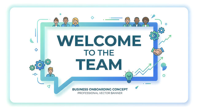Diverse business people welcome new colleagues during team onboarding in a modern speech bubble graphic