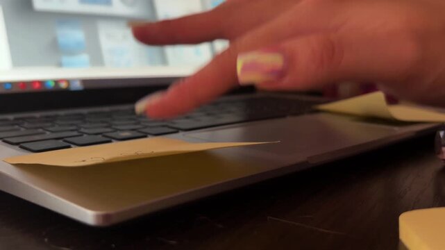 Woman with a manicure placing a yellow sticky note with numbers on a laptop touchpad, covering the work interface, close up shot of office desk organization