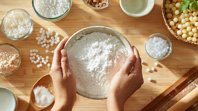 Tapioca flour, mixing, and rolling the pearls on the counter.