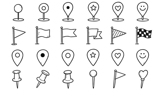 Collection of handdrawn navigation and location marker icons with transparent background