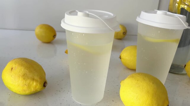 Preparing homemade lemonade in reusable takeaway cups with fresh citrus fruit and sparkling water, promoting a healthy lifestyle with vitamin c and natural ingredients