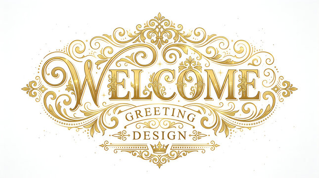 Elegant golden welcome greeting design with ornate swirls and subtle sparkle for invitations and celebratory announcements