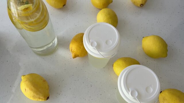 Healthy lifestyle concept with fresh lemonade and whole lemons on a bright background. Preparing refreshing detox water with sliced lemons, ginger and mint for a healthy diet