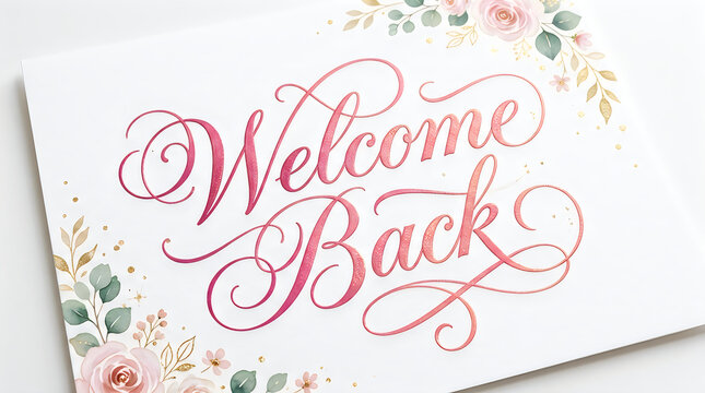 Elegant watercolor floral border with pink gradient calligraphy announcing 'Welcome Back' on white background