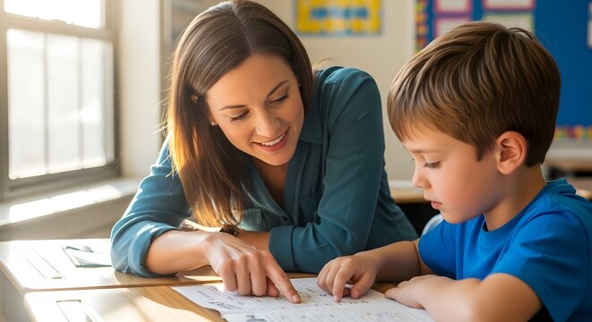 Teacher helping young student with schoolwork in a bright classroom setting.