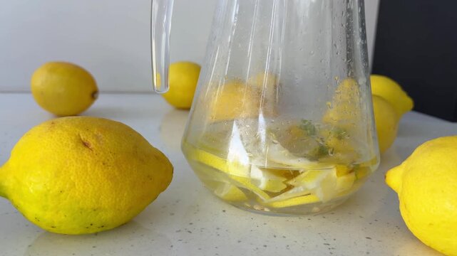 Preparing homemade lemon and chamomile tea with fresh, ripe, yellow citrus fruits in a glass pitcher. Healthy, organic, and refreshing beverage for detoxification and wellness