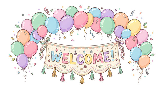 Pastel balloons with welcome banner and confetti celebration during a soft pastel celebration concept