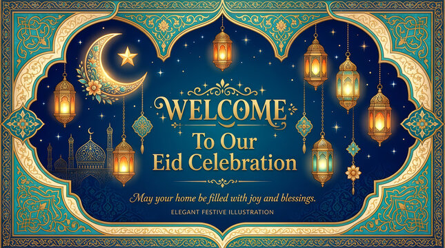 Islamic crescent moon and lanterns welcoming guests to an Eid celebration with ornate borders and starry sky