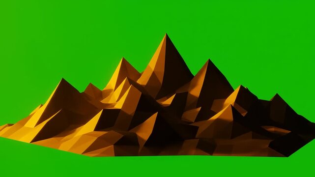 Abstract Golden Low Poly Mountain Terrain isolated on green screen. 3D rendered geometric landscape shape for motion graphics and compositing projects.