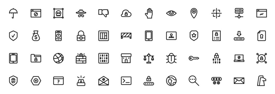 Cyber crimes icon set. Security vector icons. Minimalist thin line pack. Featuring protection, fake website, skull, spy, cloud computing, virus, firewall, password, server, trojan and more.