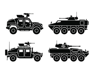Fototapeta premium Collection of military vehicles including armored trucks and tanks in black and white illustrations for defense