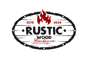 Illustration vector of fire flame vintage retro classic wooden signage design with rustic wood texture and distressed typography for barbecue restaurant, bbq grill house, smokehouse label stamp logo © Sapto Sutrisno