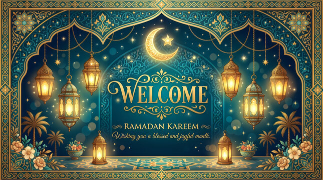 Ramadan Kareem welcome with crescent moon and ornate lanterns during evening celebration