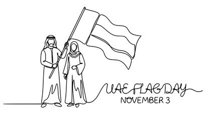 Obraz premium UAE Flag Day Continuous Line Drawing with Emirati People and National Flag Vector