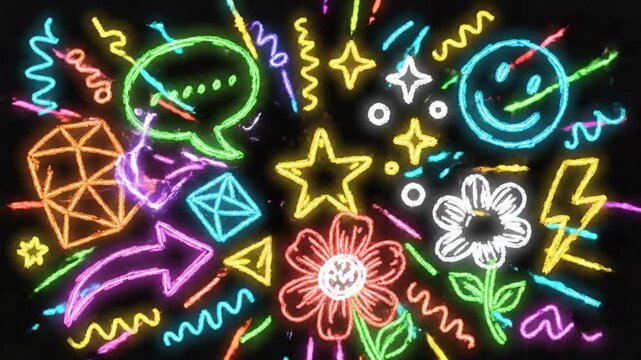 Neon Light Animated Graphic Elements and Icons with Sparkles, Explosions, and Creative Illustrations for Design