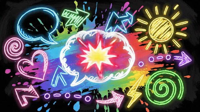 Neon Signs Explode in a Colorful Display of Arrows, Hearts, Lightning Bolts, Spirals, and More on Black Chalkboard