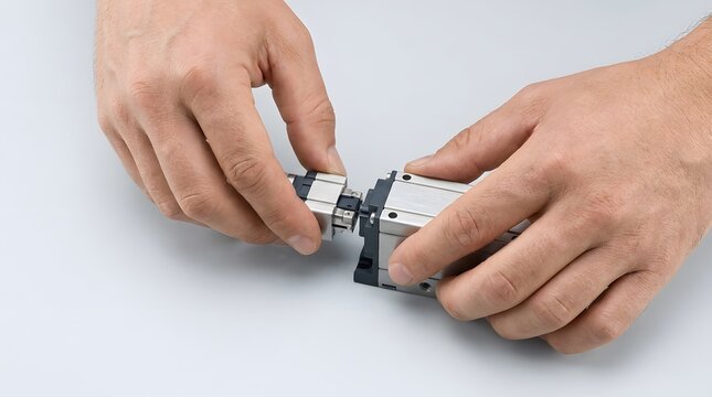 Technician hands assembling a precision mechanical industrial component.
