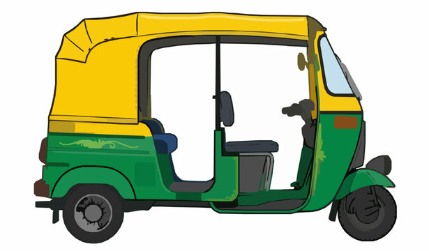 Indian Tuk Tuk Auto Rickshaw Side View Flat Vector Illustration Isolated on White Background