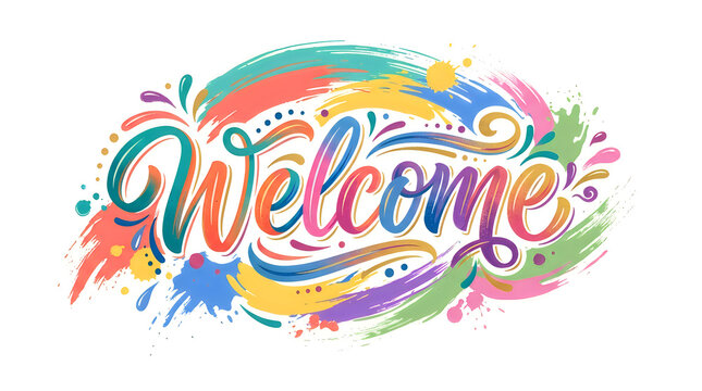 Welcome text in colorful paint splashes and brush strokes with vibrant abstract design elements
