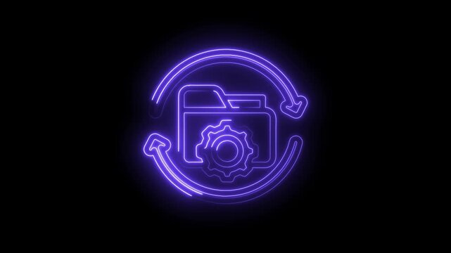 Neon purple glowing icon of a folder with a gear inside surrounded by a circular arrow loop