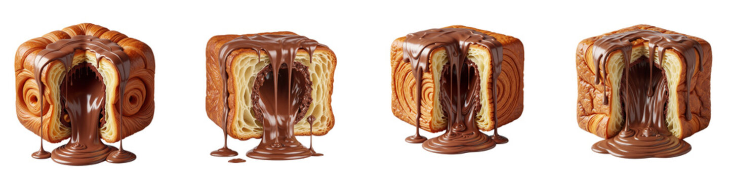 Four square cube shaped croissants filled with melting liquid chocolate
