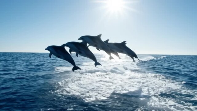 A pod of dolphins jumping together in deep blue ocean waves, backlit by bright morning sunlight with splashing water droplets in slow motion for a cinematic marine life wildlife sequence.