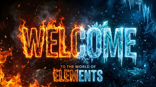 Welcome text in fire and ice with elemental effects for concept design