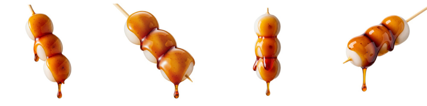 Four sweet mitarashi dango rice dumplings with soy sauce glaze isolated