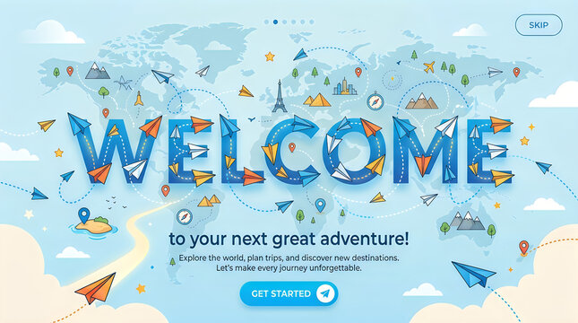 Welcome word created with paper airplanes flying around a stylized world map during daytime