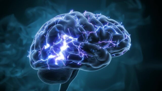Conceptual human brain with glowing electrical neural activity, representing intelligent thought and digital connection in a dark abstract space.