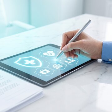 Healthcare Professional Using Digital Tablet for Insurance Policy Management and Electronic Medical Record Processing in Clinic Office