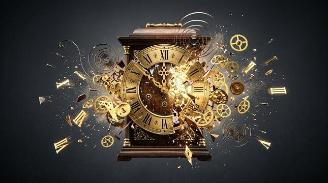 Exploding vintage clock with scattered gears and roman numerals on dark background for dramatic steampunk poster design