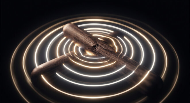 A conceptual, surreal image of two wooden claves floating in a dark, infinite, minimalist space, with bright, rhythmic shockwaves of light rippling outward from the point of impact