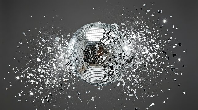 Dynamic shattering disco ball explosion with reflective silver fragments for vibrant party backdrop